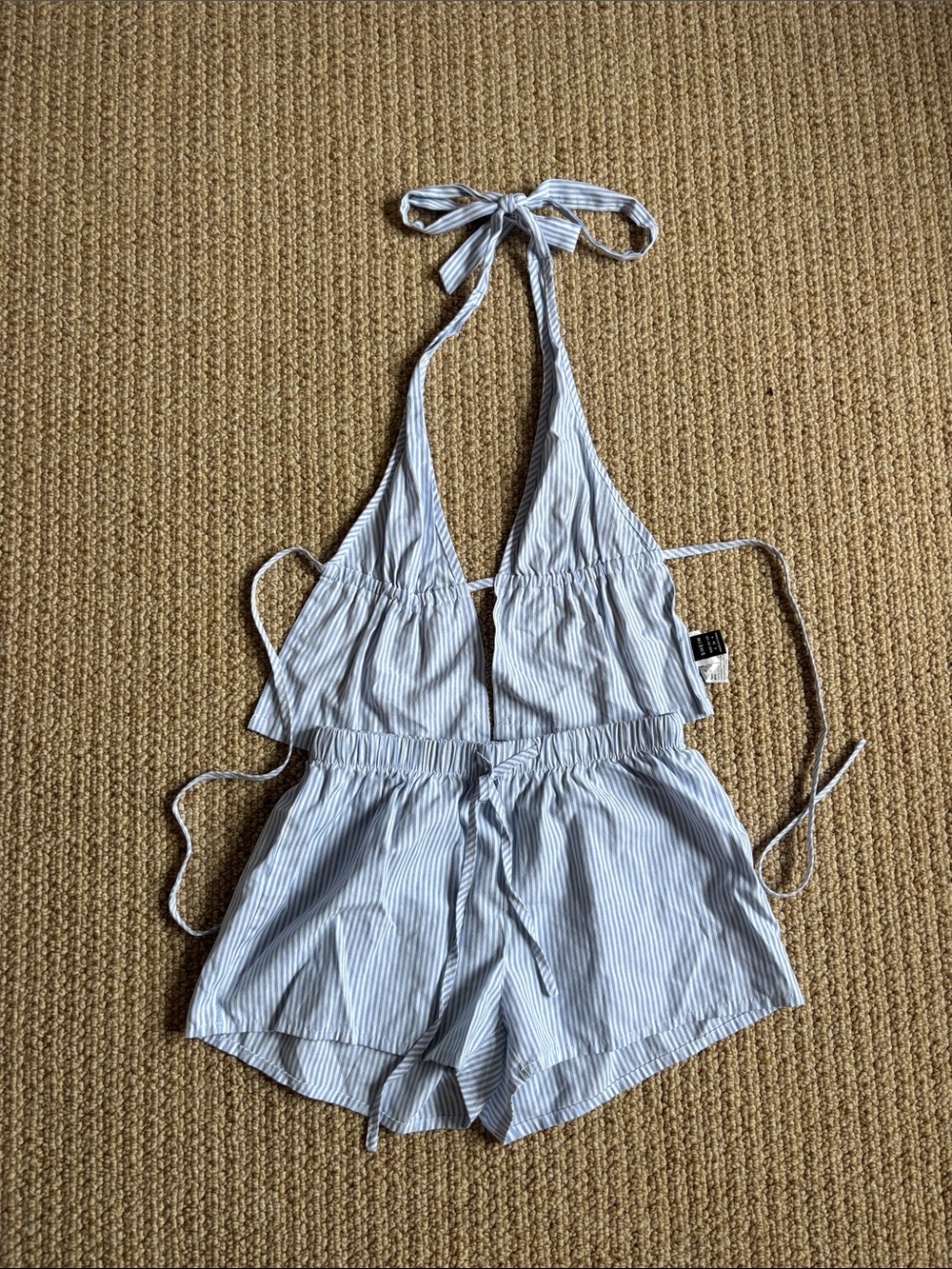 SHEIN White and Light Blue Striped Halter Crop Set